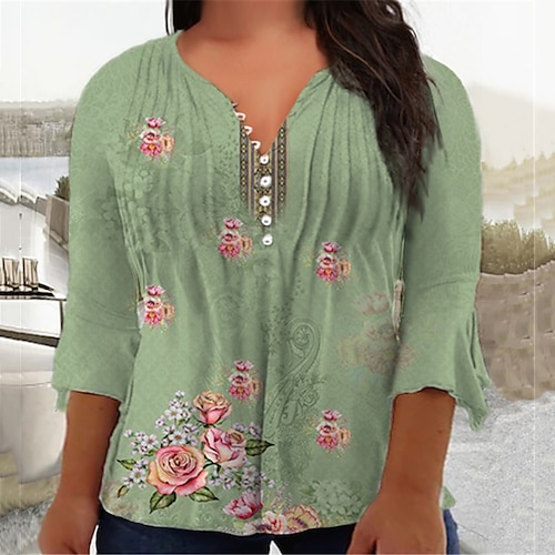 

Women's Plus Size Tops Blouse Shirt Floral Button Print 3/4 Length Sleeve V Neck Casual Daily Vacation Cotton Spandex Jersey Winter Fall Green