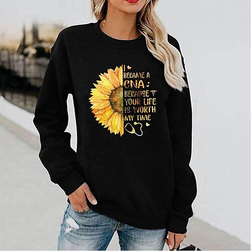 

Women's T shirt Tee Blue Pink Yellow Sunflower Text Print Long Sleeve Holiday Weekend Basic Round Neck Regular Floral Painting S