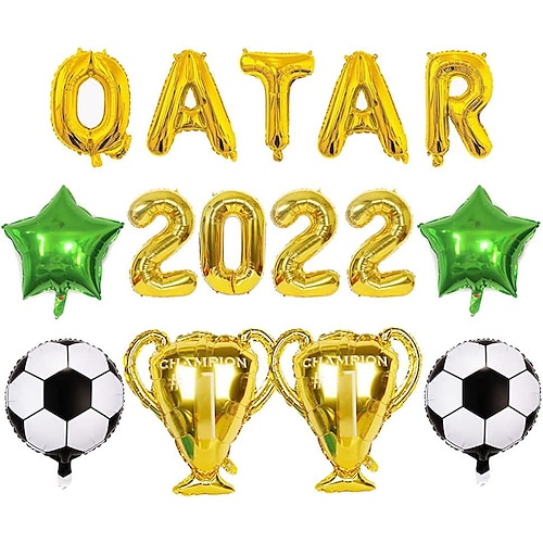 

Qatar 2022 World Cup Soccer Balloons Set 15 Pieces Soccer Tournament Bar Party Balloons Banner Decoration Football Star Foil Balloons Boy Man Birthday Party Decor