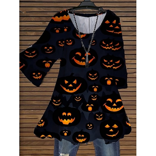 

Women's Plus Size Tops Blouse Shirt Pumpkin Print 3/4 Length Sleeve Crewneck Casual Halloween Halloween Daily Cotton Spandex Jersey Fall Winter Yellow Orange