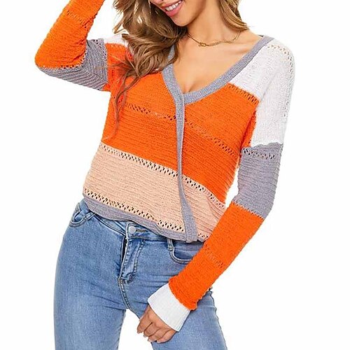 

Women's Pullover Sweater jumper Jumper Crochet Knit Knitted Hole Color Block V Neck Stylish Casual Outdoor Daily Winter Fall Wine Orange S M L / Long Sleeve / Striped / Holiday / Regular Fit