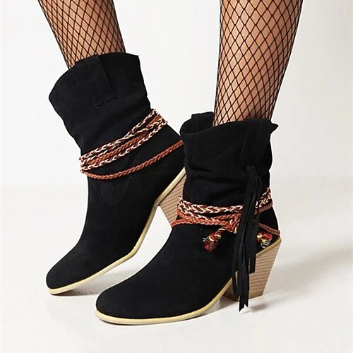 

Women's Boots Daily Tassel Shoes Booties Ankle Boots Winter Tassel Chunky Heel Pointed Toe Casual PU Loafer Solid Colored Black