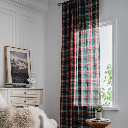 

Christmas Green Plaid Curtain Finished Yarn-Dyed Double-Sided Semi-Shading Kitchen Balcony Bay Window Floor-To-Ceiling Curtain