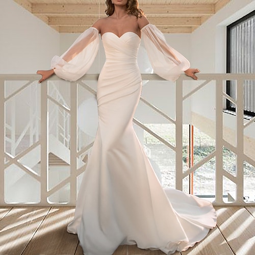 

Mermaid / Trumpet Wedding Dresses Strapless Sweep / Brush Train Satin Sleeveless Simple Sexy Backless Illusion Sleeve Party with Ruched 2022