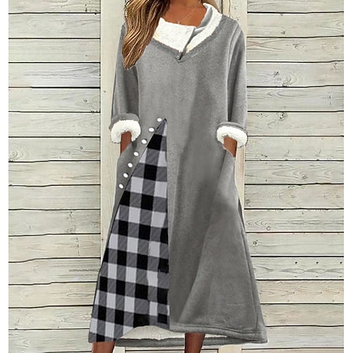 

Women's Fleece Sweatshirt Dress Print Dress Midi Dress Gray 3/4 Length Sleeve Plaid Button Print Winter Fall Boat Neck Casual Modern 2022 S M L XL 2XL 3XL