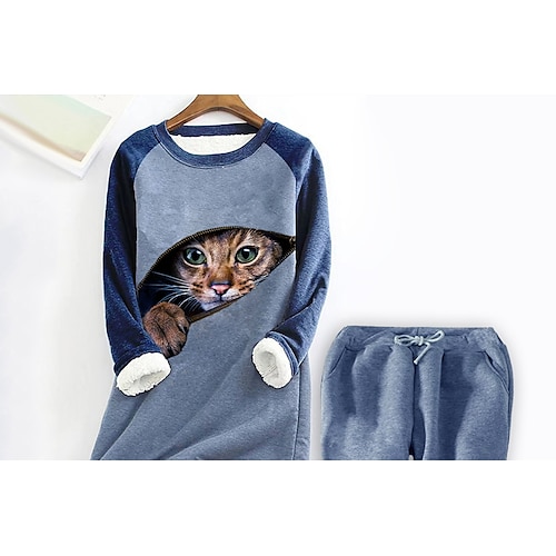 

Per donna Taglia grossa Top Impostato Gatto Manica lunga Rotonda Informale Giornaliero Da mare Poliestere Inverno Autunno Blu / Plus Size