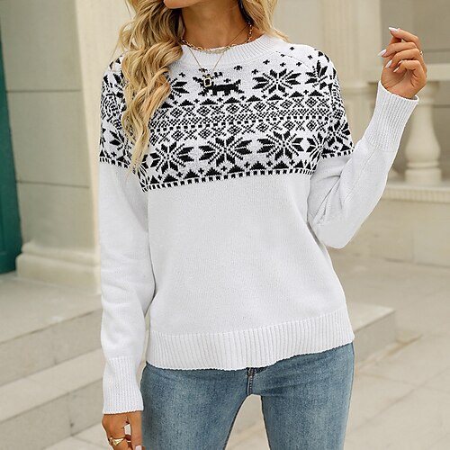

Women's Ugly Christmas Sweater Pullover Sweater Jumper Ribbed Knit Knitted Elk Crew Neck Stylish Casual Christmas Holiday Winter Fall White S M L