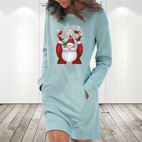 

Women's Christmas Hoodie Dress Winter Dress Light Blue Grey White Long Sleeve Letter Santa Claus Pocket Print Winter Fall Crew Neck Stylish Casual Fall Dress Loose Fit 2022 S M L XL 2XL / Cotton