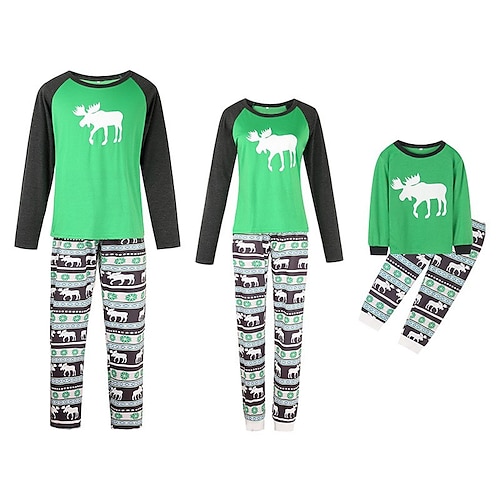 

Christmas Pajamas Family Set Ugly Floral Deer Home Green Red Long Sleeve Mom Dad and Me Daily Matching Outfits