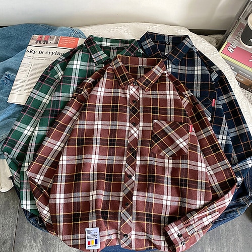 

Men's Shirt Plaid Turndown Green Navy Blue Coffee Casual Daily Long Sleeve Button-Down Clothing Apparel Cotton Fashion Streetwear Classic