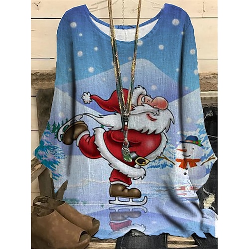 

Women's Plus Size Christmas Tops Blouse Shirt Santa Claus Snowman Print Long Sleeve Crewneck Casual Daily Polyester Winter Fall Green Blue