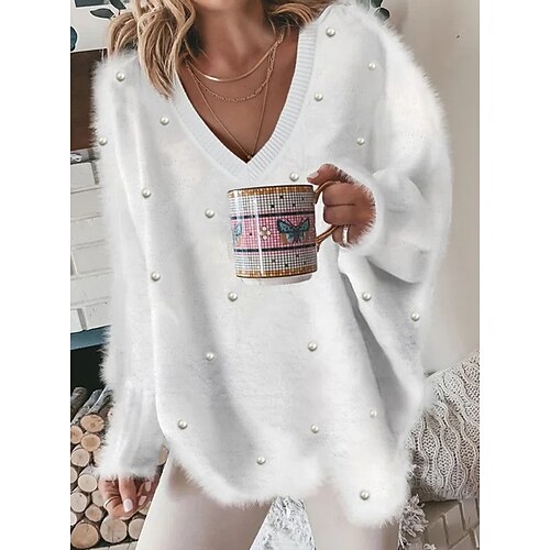 

Women's Pullover Sweater jumper Jumper Crochet Knit Tunic Knitted Polka Dot V Neck Stylish Casual Daily Holiday Winter Fall White S M L / Long Sleeve / Regular Fit
