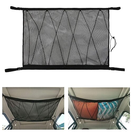 

Car Ceiling Cargo Net Pocket - Interior Overhead Roof Top Bag Hanging Sundries Storage Organizer Car Net Storage with Drawstring for SUV Jeep Van Double Mesh