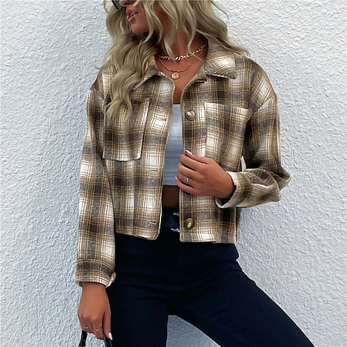 

Women's Winter Coat Warm Breathable Outdoor Daily Wear Vacation Going out Pocket Print Single Breasted Turndown Chic & Modern Comfortable Street Style Shacket Plaid Regular Fit Outerwear Long Sleeve