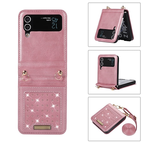 

telefon Etui Til Samsung Galaxy Håndveske Flip Case Z Flip 4 Z Flip 3 Rhinstein Flipp med avtagbar tverrstropp Ensfarget Krystall diamant PC PU lær