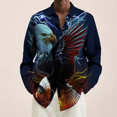 

Men's Shirt Eagle National Flag Turndown Blue 3D Print Street Casual Long Sleeve Button-Down Print Clothing Apparel Fashion Designer Casual Breathable