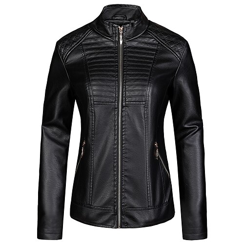 

Women's Faux Leather Jacket Waterproof Windproof Outdoor Street Daily Vacation Zipper Pocket Zipper Stand Collar Chic & Modern Modern Solid Color Regular Fit Outerwear Long Sleeve Winter Fall Black M