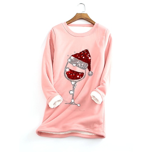 

Women's Plus Size Christmas Fleece Tops Pullover Sweatshirt Graphic Print Long Sleeve Crew Neck Casual Sherpa Fleece Daily Cotton Winter Fall Blue Pink