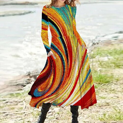 

Women's Casual Dress Swing Dress Midi Dress Rainbow Long Sleeve Color Gradient Pocket Winter Fall Autumn 2022 S M L XL XXL 3XL