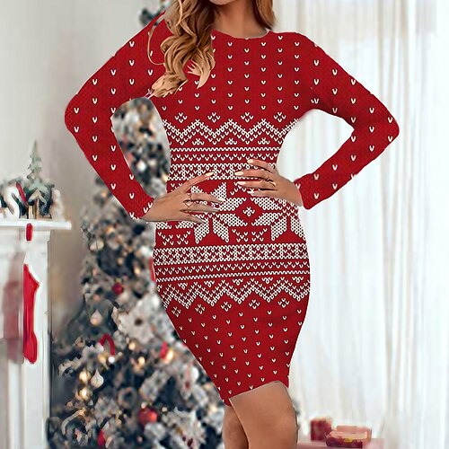 

Women's Christmas Casual Dress Bodycon Mini Dress Green Blue Red Long Sleeve Elk Snowflake Print Winter Fall Crew Neck Stylish Casual 2022 S M L XL XXL 3XL 4XL 5XL 6XL / Sheath Dress