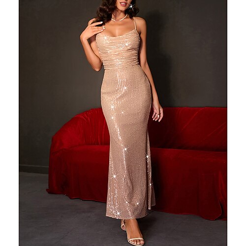 

Women's Party Dress Sequin Dress Sheath Dress Champagne Sleeveless Pure Color Sequins Winter Fall Autumn Spaghetti Strap Evening Party 2022 S M L XL