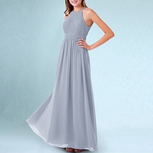 

A-Line Floor Length Halter Neck Chiffon Junior Bridesmaid Dresses&Gowns With Ruching Wedding Party Dresses 4-16 Year