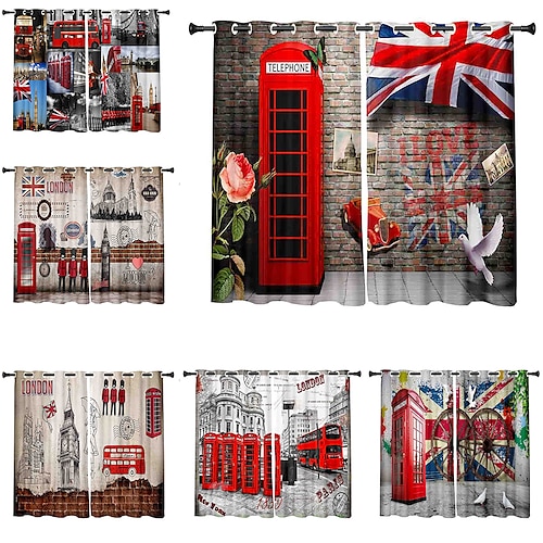 

3D Print Blackout Curtain Feather Print Curtain Drapes for Living Room Thermal Insulated Grommet Window Curtains for Bedroom London telephone booth