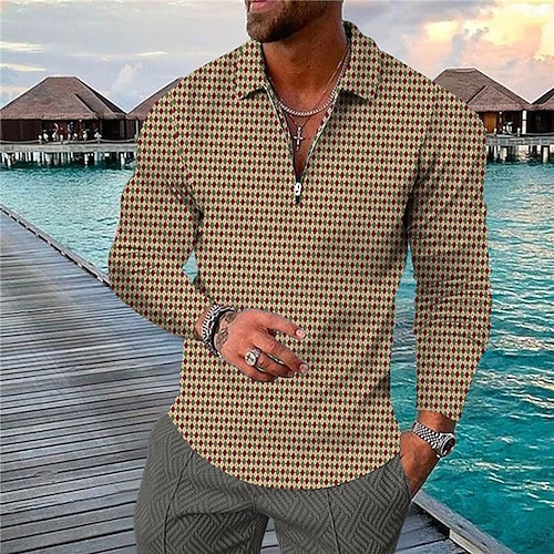 

Men's Collar Polo Shirt Golf Shirt Argyle Turndown Yellow 3D Print Christmas Street Long Sleeve Zipper Print Clothing Apparel Fashion Designer Casual Breathable