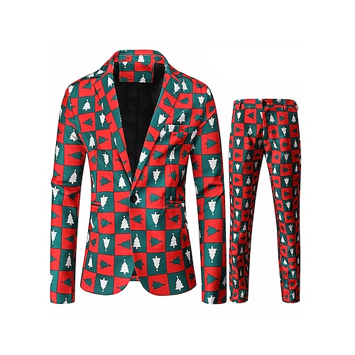 

Red Men's Christmas Suits 2 Piece Patterned Standard Fit Single Breasted One-button 2022