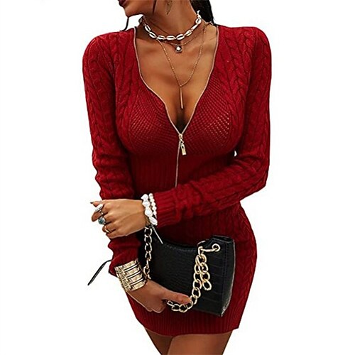 

Women's Sweater Formal Dress Winter Formal Dress Sheath Formal Dress Sapphire Wine Red Long Sleeve Pure Color Zipper Knit Winter Fall V Neck Stylish Romantic 2022 S M L XL 2XL 3XL Cotton Winter Formal