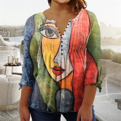 

Women's Plus Size Tops Blouse Shirt Abstract Button Print 3/4 Length Sleeve V Neck Casual Daily Vacation Cotton Spandex Jersey Fall Winter Blue Rainbow