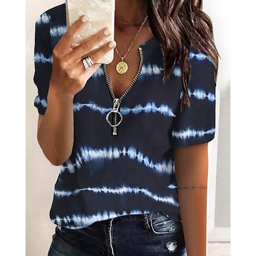 

Women's T shirt Tee Blue Grey Tie Dye Striped Quarter Zip Print Long Sleeve Daily Weekend Basic V Neck Regular Painting S