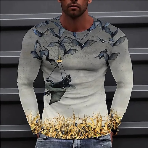 

Men's T shirt Tee Graphic Prints Bat Crew Neck Gray 3D Print Outdoor Halloween Long Sleeve Print Clothing Apparel Basic Sports Designer Casual