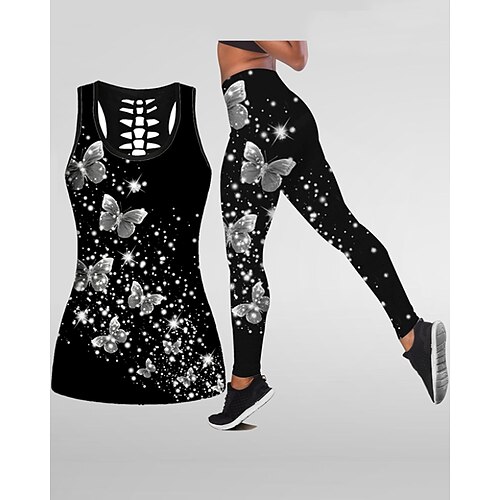 

21Grams Women's Yoga Suit Yoga Set 3D Set 2 Piece Butterfly Cropped Leggings Tank Top Clothing Suit Black Blue Yoga Fitness Gym Workout Tummy Control Butt Lift Breathable Sleeveless Sport Activewear