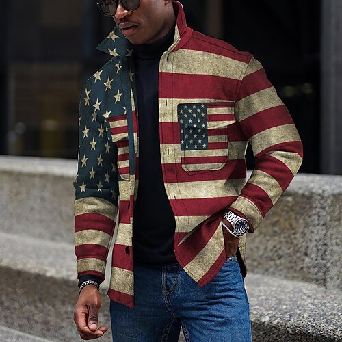 

Men's Coat With Pockets Daily Wear Vacation Going out Single Breasted Turndown Streetwear Casual Daily Outdoor Jacket Outerwear National Flag Pocket Print Dark Navy / Long Sleeve