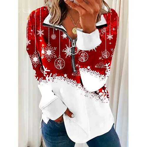 

Women's Shirt Green Black Light Green Snowflake Quarter Zip Print Long Sleeve Christmas Streetwear Christmas V Neck Regular S