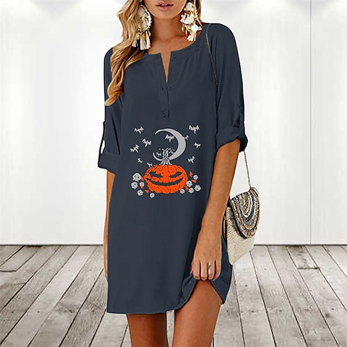 

Women's Casual Dress Linen Dress Shift Dress Mini Dress Black Navy Blue Grey 3/4 Length Sleeve Pumpkin Print Winter Fall Autumn Crew Neck Loose Fit 2022 S M L XL 2XL