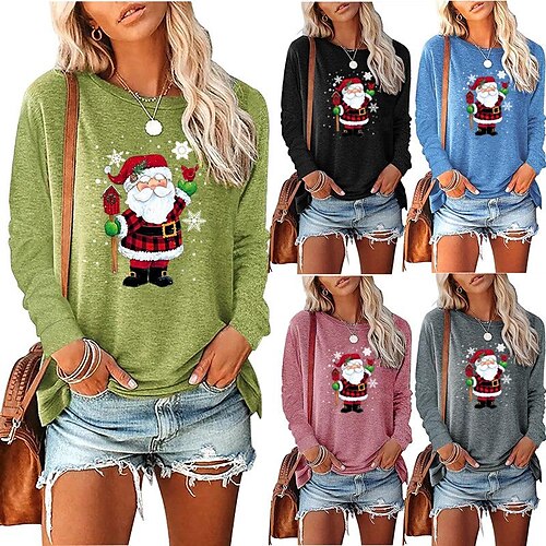 

Women's T shirt Tee Print Christmas pattern Cute Regular Winter Green Blue Pink Gray Black