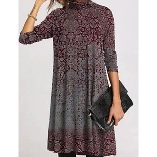

Women's Shift Dress Short Mini Dress Short Mini Dress Red 3/4 Length Sleeve Floral Ruched Print Fall Winter Turtleneck Modern Mature 2022 S M L XL XXL 3XL