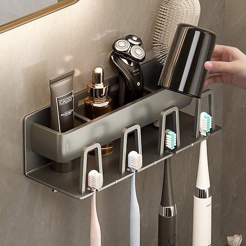 

Grey Bathroom Toothbrush Tooth Cup Storage Rack Non Perforated Mouthwash Cup Toothbrush Cup Wall Mounted Toothpaste Storage Rack Toothbrush Rack