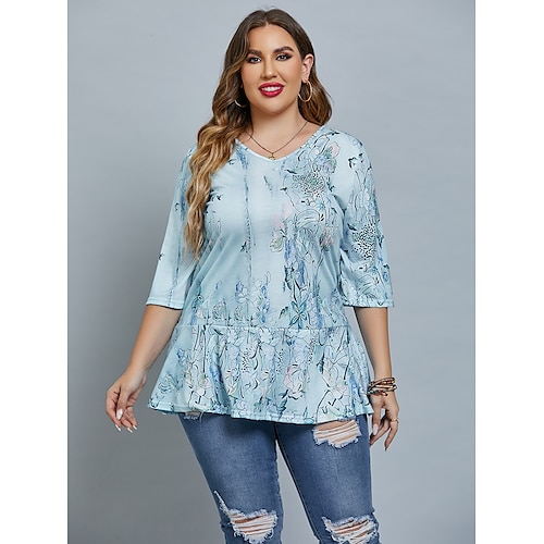 

Women's Plus Size Curve Tops Tunic Blouse Floral Print 3/4 Length Sleeve V Neck Casual Streetwear Daily Weekend Acrylic Fall Spring Green Pink / Summer / High Waist