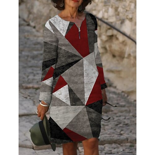 

Women's Casual Dress Red Gray Long Sleeve Geometric Plaid Zipper Print Winter Fall Crew Neck Casual Modern Fall Dress 2022 S M L XL 2XL 3XL 4XL 5XL 6XL / Winter Dress