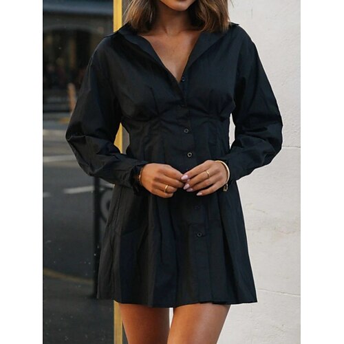 

Women's Casual Dress Shirt Dress Black Long Sleeve Pure Color Ruched Winter Fall Shirt Collar Fashion Casual Modern Fall Dress 2022 S M L XL 2XL / Winter Dress / Black Dress