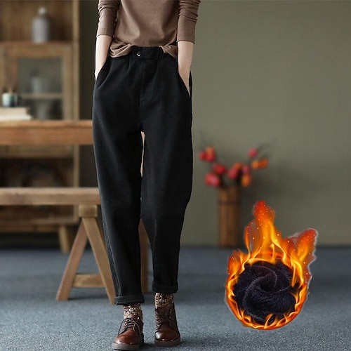 

Women's Pants Trousers Pocket Solid Color Basic Thick Winter khaki Black