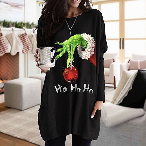 

Women's T shirt Tee Green Black Graphic Text Pocket Print Long Sleeve Christmas Weekend Basic Round Neck Long Painting S