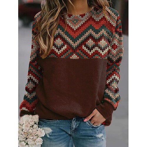 

Women's Sweatshirt Pullover Basic Orange Red Brown Geometric Street Round Neck Long Sleeve S M L XL 2XL 3XL