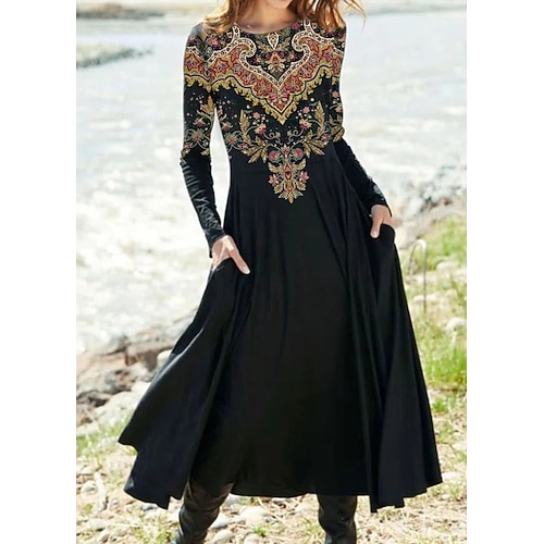 

Women's Swing Dress Print Dress Midi Dress Black Long Sleeve Print Print Winter Fall Crew Neck Casual Modern Fall Dress 2022 S M L XL 2XL 3XL / Winter Dress
