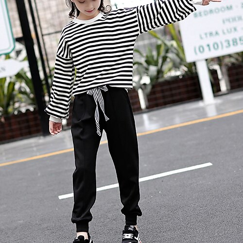 

2 Pieces Kids Girls' Stripe Pants Suit Set Long Sleeve Daily Casual Cotton 7-13 Years Winter Black / Fall
