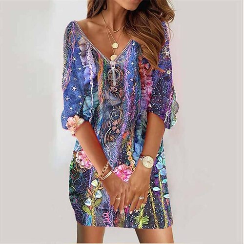 

Women's Sweatshirt Dress Winter Dress Purple Long Sleeve Floral Zipper Print Winter Fall V Neck Vacation Casual Fall Dress Loose Fit 2022 S M L XL XXL 3XL