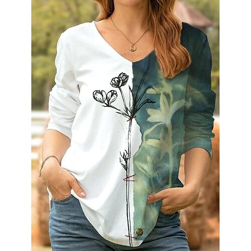 

wish european and american foreign trade spring and autumn fashion v-neck loose large size long-sleeved casual home daily retro floral top